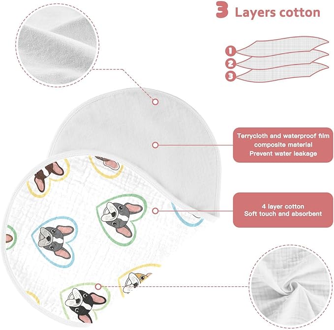 Qinllo 1 Pack Muslin Burp Cloths Bulldog Hearts White Cotton Baby Burp Cloths Ultra Soft Burping Cloth Absorbent Spit Up Rags for Newborn Baby Boys Girls 22x11 Inch