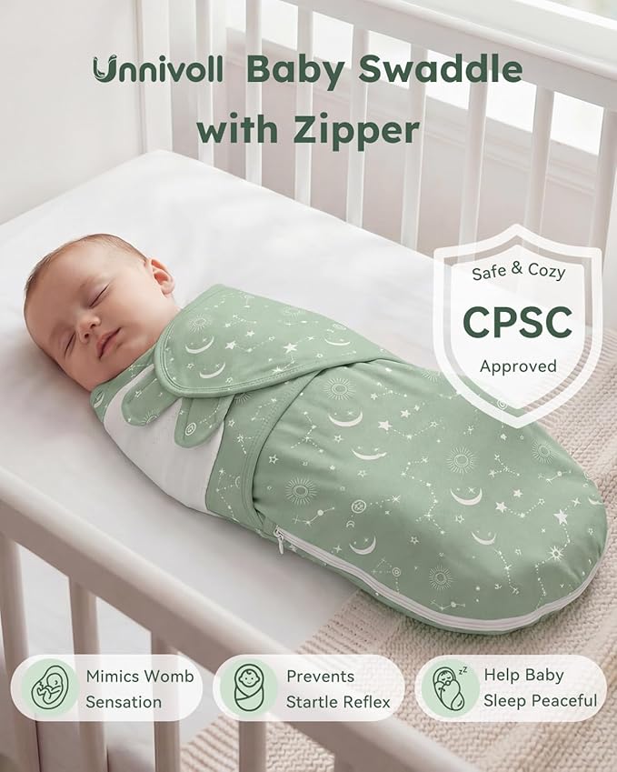 Baby Swaddles for Newborns with Zipper, 100% Cotton Newborn Swaddle Sack, 3 Pack Baby Swaddles 0-3 Months Swaddle Sleep Sack for Newborn Baby Boy Girl Green Constellation