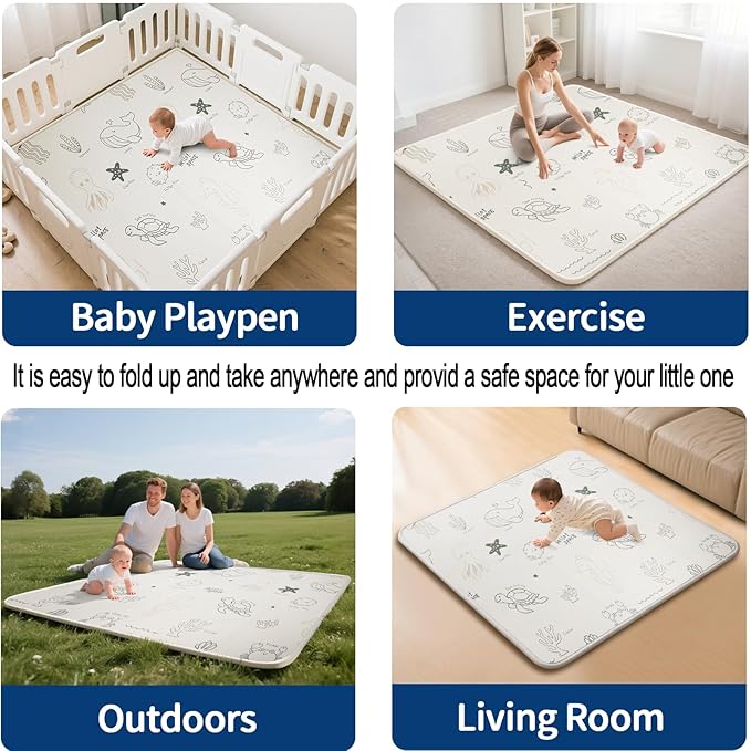 Foldable Baby Play Mat Foam, 79x71 Inch Thick 0.8 Inch XPE Waterproof Playmat, Extra Large Crawling Floor Foam Mats for Kids Infant Training Non-Slip Reversible
