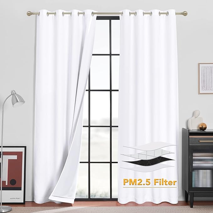 RYB HOME White Blackout Curtains for Bedroom,Noise Reducing Thermal Insulated Curtains and Drapes with Melt-Blown Fabric, Anti Dust PM2.5 Pollen Smog Filtering, Pure White, W52 x L108 inch, 2 Panel