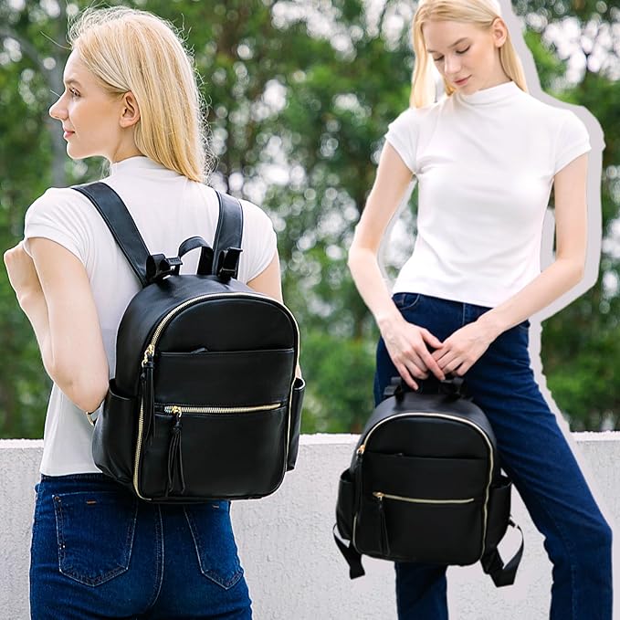 MOMINSIDE Small Diaper Bag Backpack, Mini Diaper Bag with 11 Pockets, Leather diaper backpack, Baby Diaper Bag for Baby Girls, 2 Insulated Pockets, Stroller Straps (Black)