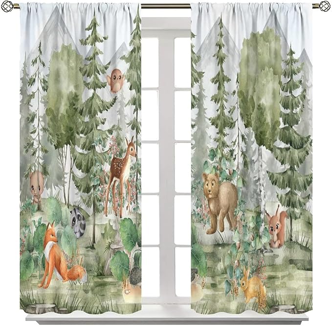 Kids Forest Animal Curtains,Fox Elk Bird Animal Watercolor Woodland Print Curtains Kids Nursery Bedroom Living Room Home Decoration 84x84 Inch