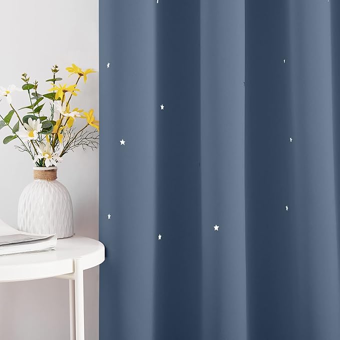 NICETOWN Blackout Star Curtains for Kids Room Boys Girls Twinkle Silver Stars Thermal Insulated Cute Thick Soft Curtain Drapes, Grommet Top, 2 Panels, 42" W x 63" L, Stone Blue