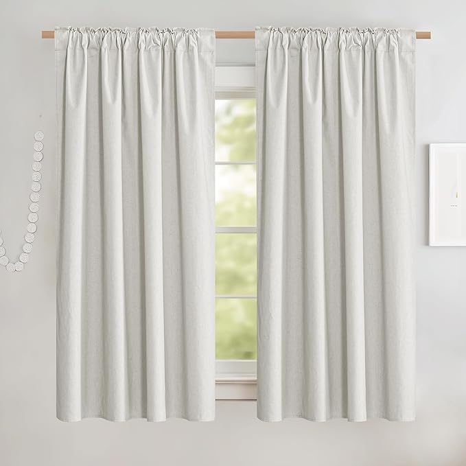 NICETOWN 100% Blackout Linen Curtains with Thermal Insulated White Liner, Ivory, 52" W x 63" L, Set of 2, Burlap Textured Linen Look Privacy Window Treatment for Kitchen, Farmhouse Style