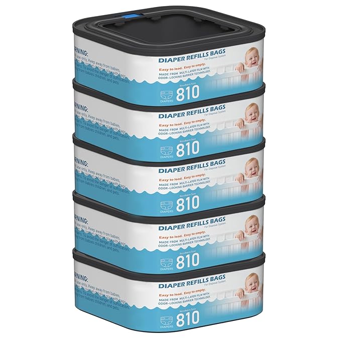 Jumbo Square Refills Disposal Bags Refill Compatible with Diaper Genie Classic, Compact and Select Pails, Hold Up to 810 Newborn-Sized Diapers Per Refill, Pack of 5