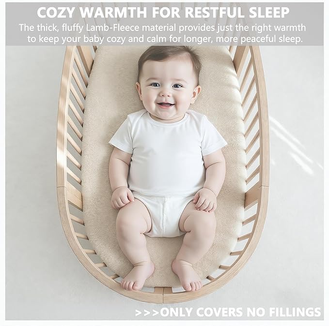Lamb-Fleece Bassinet Sheets for Baby, Cozy Warm Fitted Sheets for Rectangle, Oval, Hourglass Bassinet Mattress, Muslin Moses Basket Sheets with Neutral Style 32"x16"(Beige)