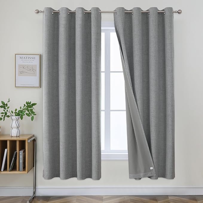 Joydeco 72 Inch Light Grey Blackout Curtains for Bedroom, 100% Blackout Linen Curtains for Living Room, Room Darkening Burlap Grommet Textured Drapes (42x72 inch, Light Grey)