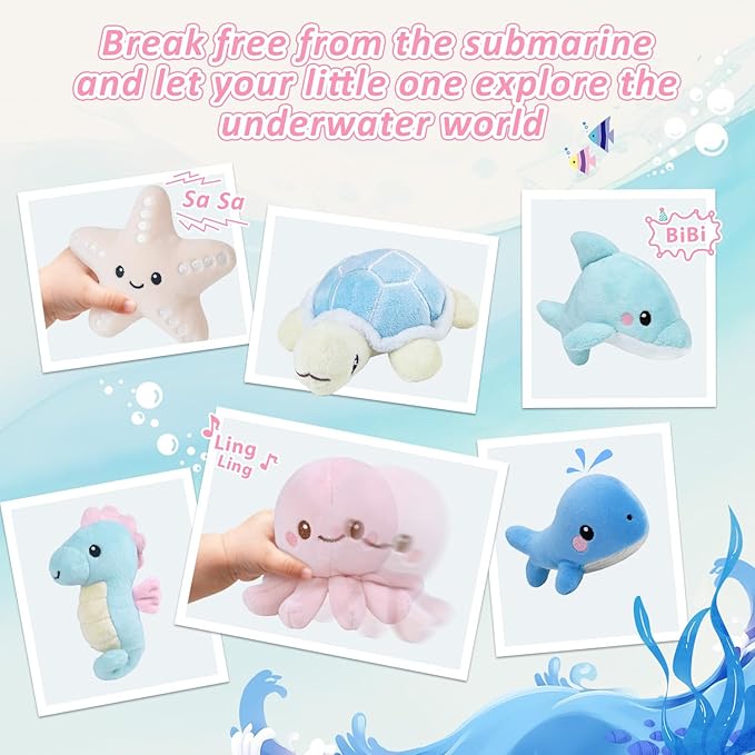 Submarine & Ocean Animals Baby Toys 6-12 Month, Sensory Toy Set with Whale, Dolphin, Starfish, Octopus, Turtle, Seahorse, Soft Montessori Toys for Infants 0-3