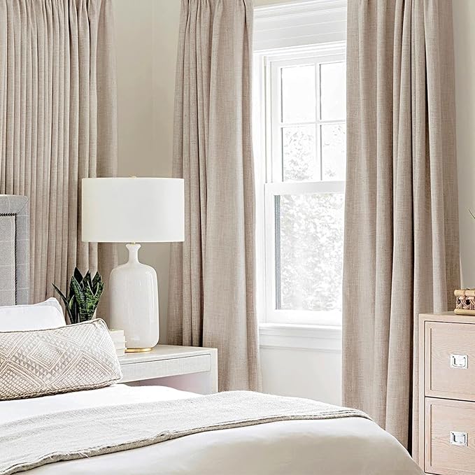MIULEE 100% Blackout Linen Textured Curtains for Bedroom 102 Inches Extra Long Thermal Insulated Natural Beige Grommet Room Darkening Curtains & Drapes Luxury for Living Room Nursery (2 Panels)