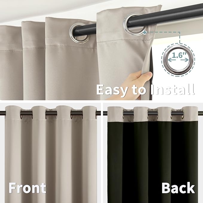 BGment Thermal Insulated 100% Blackout Curtains for Bedroom with Black Liner, Double Layer Full Room Darkening Noise Reducing Grommet Curtain (60 x 63 Inch, Cashmere, 2 Panels)