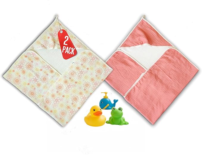 2-Pack Muslin Hooded Baby Towels, 100% Cotton, Towels for Babies, Infants, Toddles, Soft and Absorbent for Boy and Girl, Double Layered Baby Towel With Hood, Babies Muslin Towel Set (Pink Flowers)