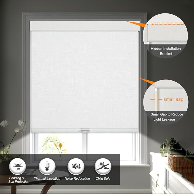 Persilux Custom Size Blackout Roller Shades - Free-Stop Blinds With Jacquard Fabric, Cordless Pull Down Shades for Windows, Doors, Home, Office - Easy to Install, White