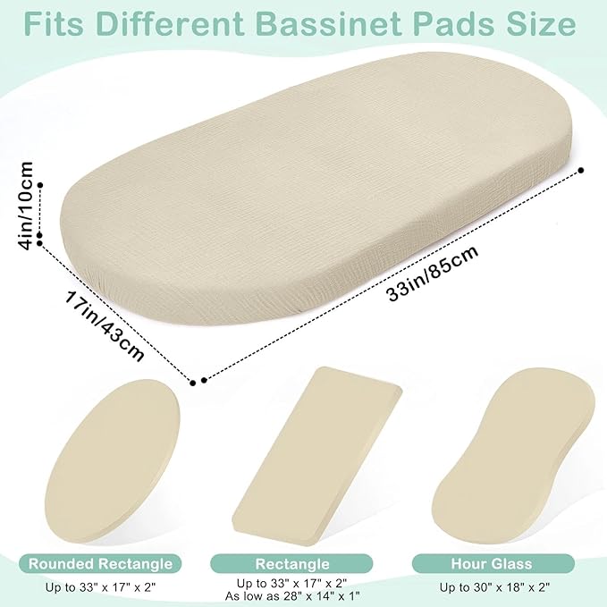 Basumee Muslin Bassinet Sheets for Baby Girl Boy 2 Pack Soft Breathable Baby Bedside Bassinet Fitted Sheets with Bottom Elastic Band 33''x17''x4'' Mattress Cover for Rectangle Oval Hourglass Bassinets