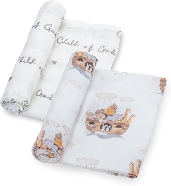 LollyBanks Muslin Swaddle Blankets 2PACK, 100% Cotton Baby Blanket 47 x 47 Inches, Large Baby Swaddle Breathable, Muslin Blankets for Boys and Girls (Child of God and Noah's Ark Print)