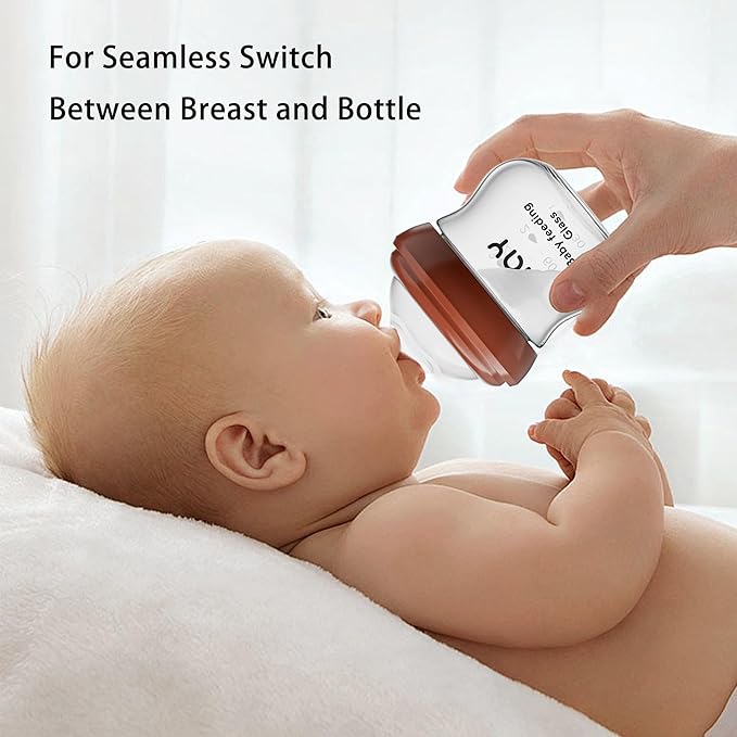 yanyoyo Natural Glass Baby Bottle for Breastfeeding Babies, 3oz Newborn Anti-Colic Baby Bottle with Slow Flow Nipples (SS), Clear, Wide Neck, 2 Pack, 0 Months+