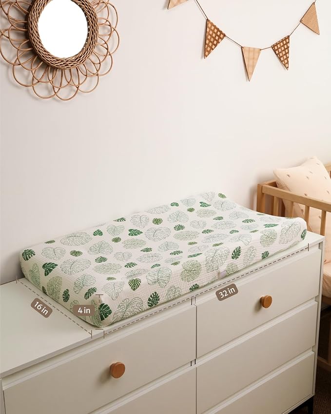 Blissful Diary Muslin Changing Pad Cover for Girls Boys, Ultra Soft Breathable Cotton, Baby Diaper Change Table Pad Covers, 2Pack (Leaf & Monstera Leaves)