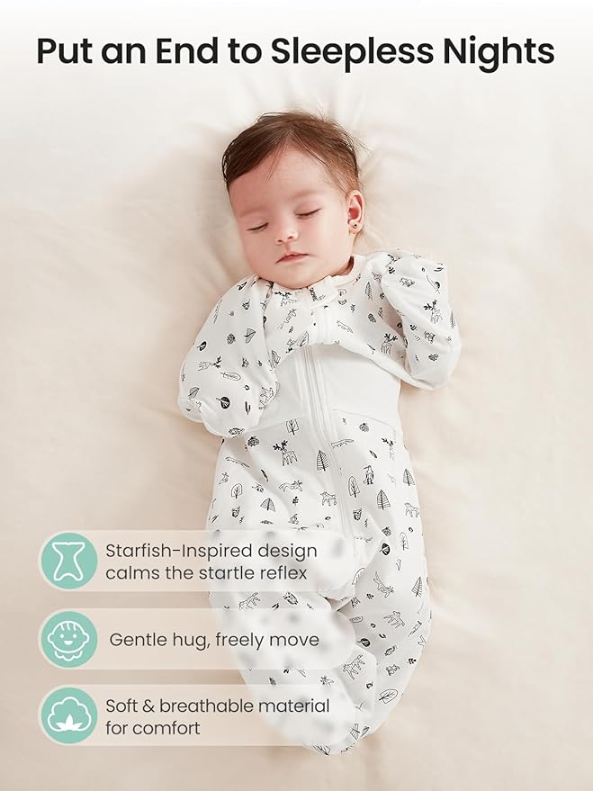 GROWNSY Transitional Swaddle Sleep Sack 3-6 Months,Cotton Starfish Design Baby Swaddle Sack, Dual-Zipper for Easy Diaper Changes, Proper Hip Development & Openable Foot Button,12-20lbs,Munchkin Forest