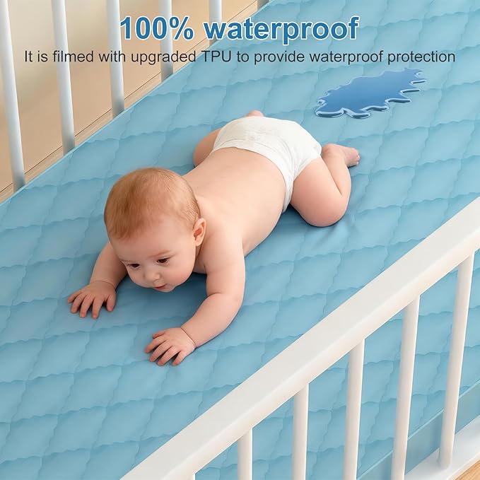 2Pack Waterproof Crib Sheets for Boy, Girl - Cotton 52X28 Fitted Crib Sheets Crib Mattress Protector Sheets,Soft Toddler Bed Sheets,Washable Infant Fitted Baby Bed Sheets (Blue, 52X28inch)