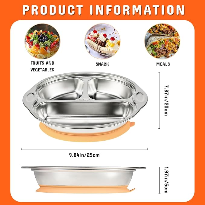 Mrs. Chou Stainless Steel Baby Suction Plates Divided Plates for Babies and Toddlers, Made of 100% Food-Grade Materials Ideal for Baby-Led Weaning BPA-Free Toddler Feeding Dishwasher Safe Orange-pink
