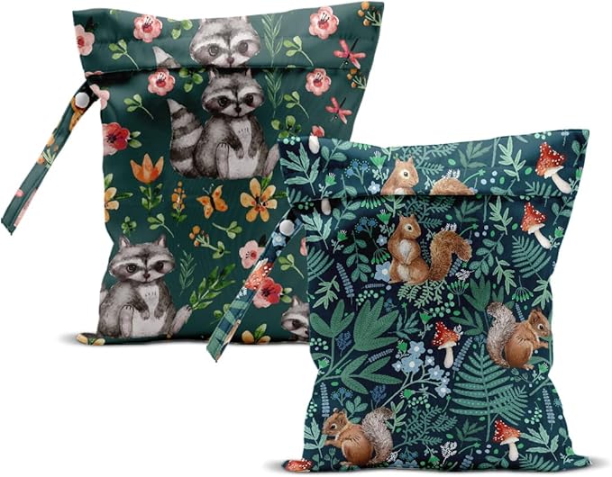 2Pcs Squirrel Wet Bag 12x10 Inch, Plants Waterproof Reusable Wet Dry Bag, Flowers Washable Travel Laundry Bags for Swimsuit Pool Beach Diapers Dirty Yoga Gym Clothes, Raccoon Gifts for Women Friend
