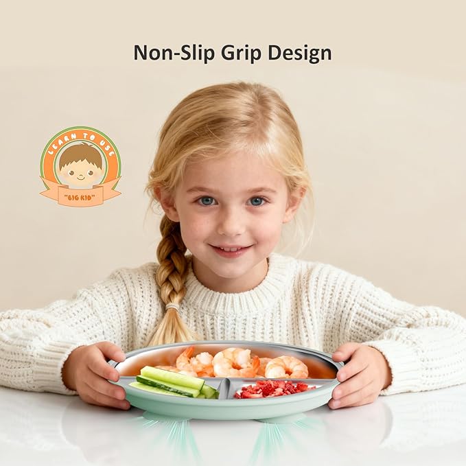 Bakpoco Stainless Steel Toddler Plate with Suction 2Pack, 9” Divided Kids Plates with Silicone Suction for Baby Self Feeding, Non Toxic Non Slip Unbreakable Snack Dishes Dinnerware Set, Blue & Sage