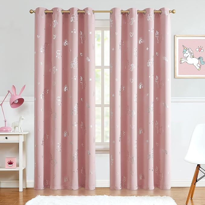 Vangao Rainbow Room Darkening Kids Curtains for Girls Bedroom Pink Unicorn for Kids Nursery Room Silver Foil Print Curtains Thermal Insulated Drapes Grommet Window Drapes 84 Inches Length 2 Panels