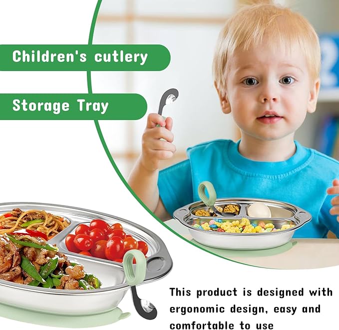 Mrs. Chou Stainless Steel Baby Suction Plates: Divided Plates for Babies and Toddlers, Made of 100% Food-Grade Materials Ideal for Baby-Led Weaning BPA-Free Toddler Feeding Dishwasher Safe Green