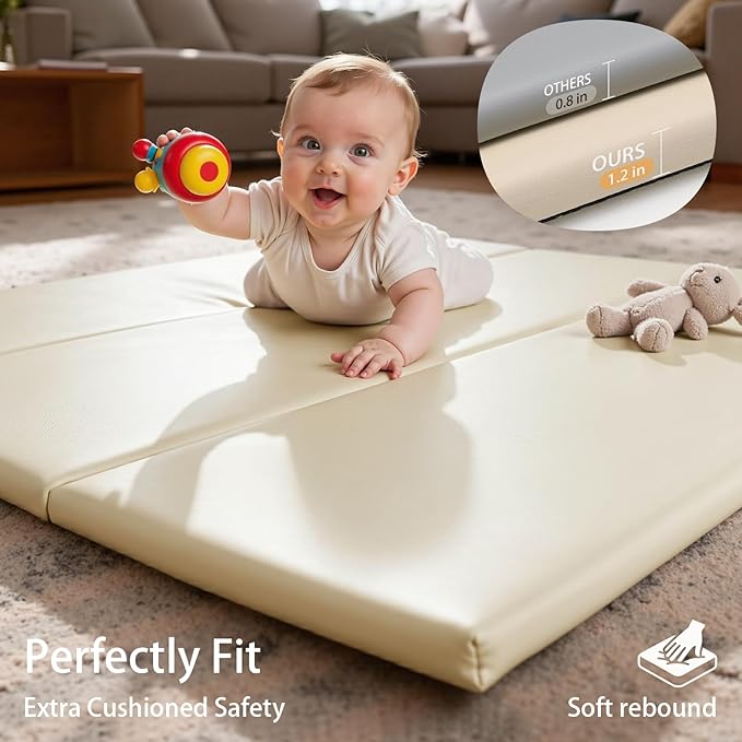 Foam Baby Play Mat: PU Leather Waterproof Kids Trifold Floor Playmat - Large Play Mat for Playpen Fodable Mattress Soft Toddler Mattress Infant Cushion for Preschool