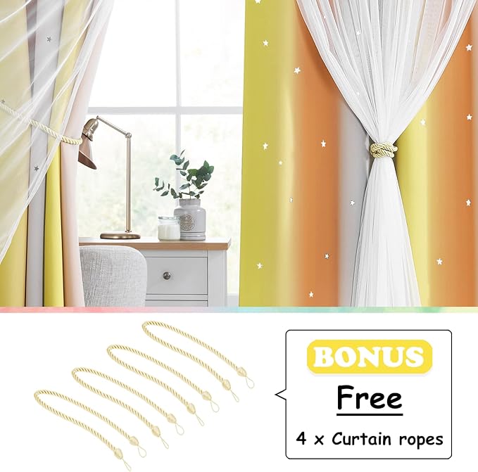 NICETOWN 2 Panels Star Blackout Curtains for Kids Girls Bedroom Aesthetic Living Room Colorful Double Layer Cut Out Rainbow Window Home Decoration Curtain, Yellow & Orange & Grey, W52 x L84