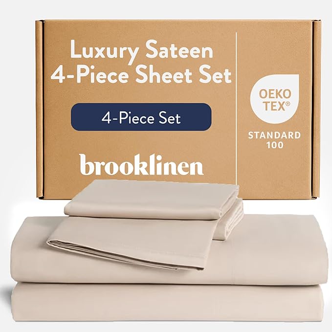 Brooklinen Luxury Sateen 4 Piece Sheet Set - 100% Cotton Bed Sheets, Soft & Durable Full Size Sheet Set in Pebble, Oeko-TEX Certified Bedding Set, 1 Fitted Sheet, 1 Flat Sheet, 2 Pillowcases