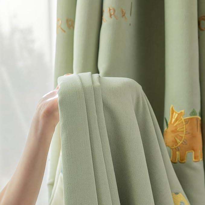KMSG Cartoon Dinosaur Kids Curtains with Blackout Liner Embroidery Nursery Curtains for Children Boys Baby Bedroom Living Room Grommet Top Room Darkening Window Drapes 1 Panel (Green,W52 x L96 Inch)
