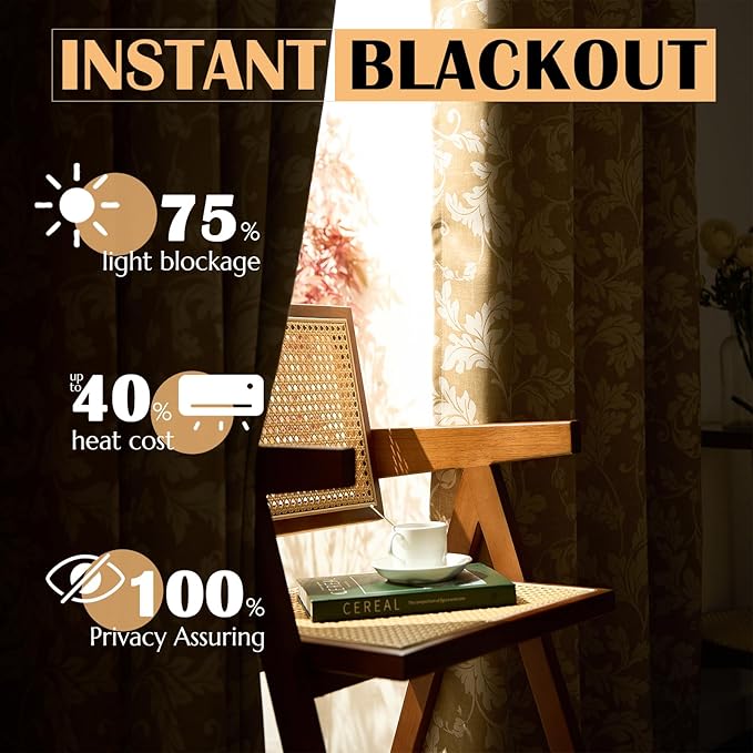 jinchan 75% Blackout Curtains for Bedroom, Brown Scroll Leaf Patterned Curtains 63 inch Length for Living Room, Farmhouse Vintage Drapes, Thermal Insulated Window Treatments, Grommet 2 Panels Brown