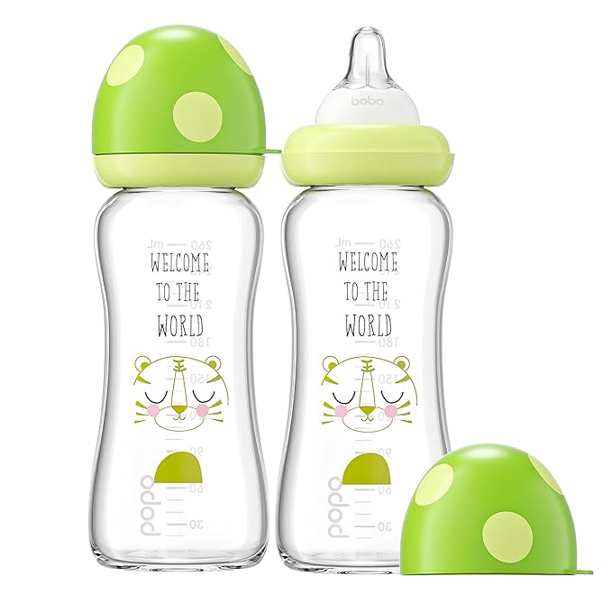 YOHKOH Natural Glass Baby Bottle with Level 2 Medium Flow Nipple, Newborn Anti-Colic Baby Bottles, Wide Neck Mushroom Baby Glass Bottle (8.8ounce (Pack of 2), Green1)