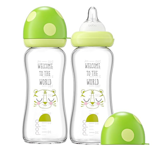 YOHKOH Natural Glass Baby Bottle with Level 2 Medium Flow Nipple, Newborn Anti-Colic Baby Bottles, Wide Neck Mushroom Baby Glass Bottle (8.8ounce (Pack of 2), Green1)