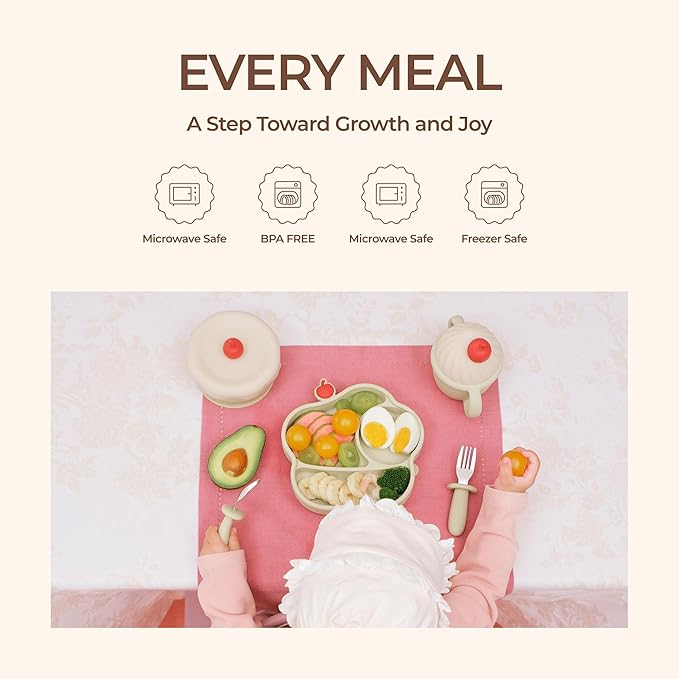 COZY ROCK Silicone Baby Feeding Set, Gelato Collection Baby Led Weaning Supplies, First Self-Feeding Set with Silicone Suction Bowl & Plate, Straw Cup & Bib, Fork & Spoon Silicone Baby (Green)