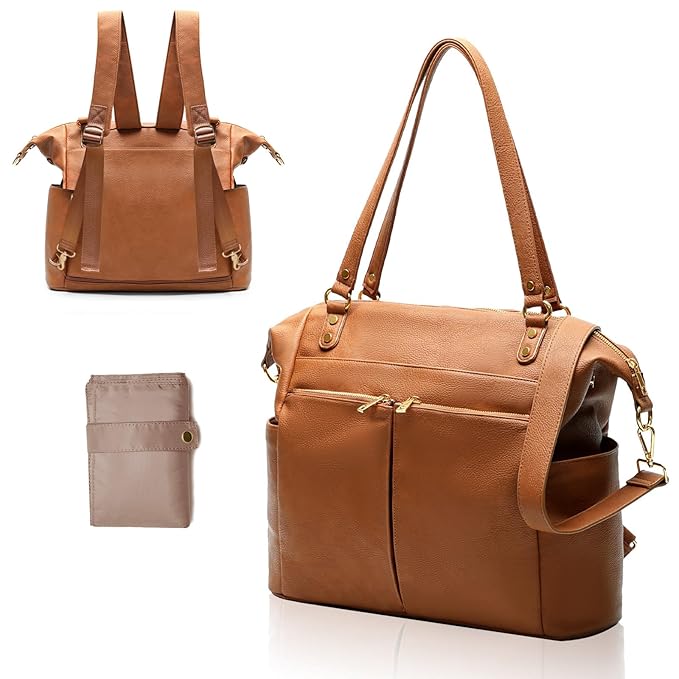 MOMINSIDE Diaper Bag Tote, 4 in 1 Leather Diaper Bag Backpack with 13 Pockets, Convertible Baby Bag for Boys Girls,Diaper Bags Baby Registry, Changing Pad, 4 Large Insulated Pockets(Brown)