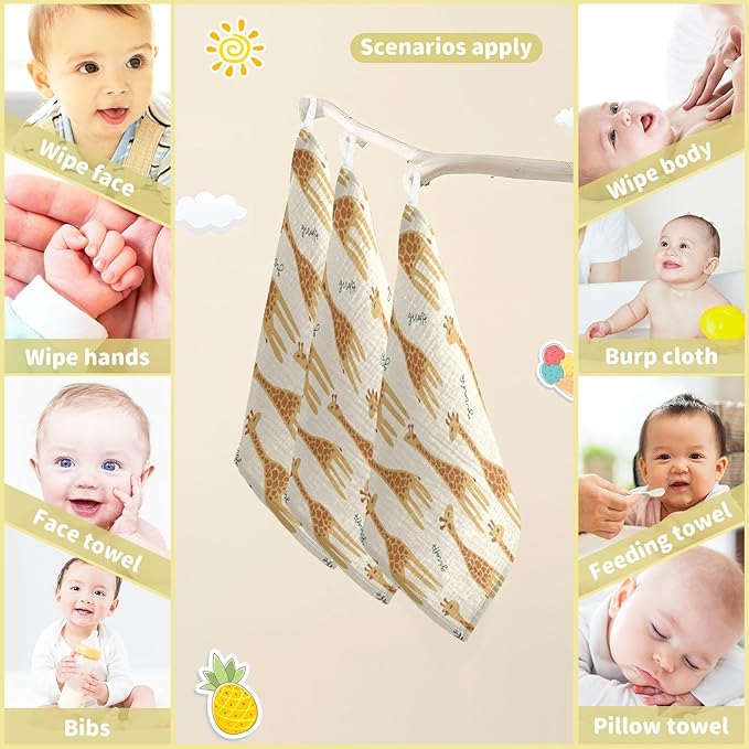 vvfelixl Baby Muslin Washcloths Giraffe Safari Print Baby Burp Cloths Cotton Baby Face Towel for Newborn Infants Boys Girls Soft and Absorbent 11.8 X 11.8In, 3 Pack
