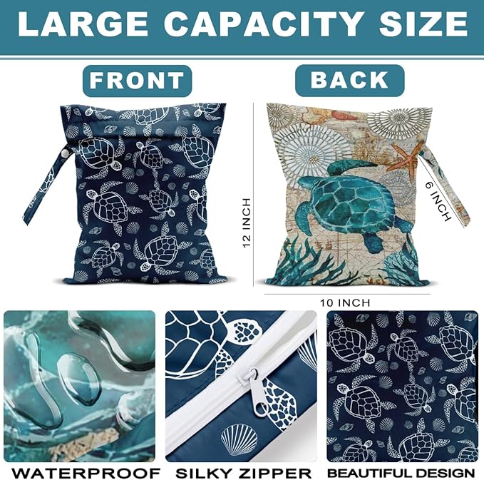 2Pcs Turtle Wet Bag 12x10 Inch, Starfish Waterproof Reusable Wet Dry Bags, Sea Weed Washable Travel Laundry Bags for Swimsuit Beach Diapers Dirty Yoga Gym Clothes, Sea Turtle Gifts for Women Friend