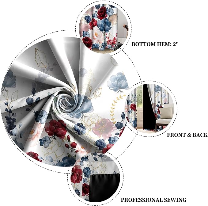 Renaiss Floral Blackout Curtains Watercolor Gray Blue and Red Peony Flower Bloossom Thermal Insulated Window Drapes for Bedroom 42W x 96L inches 2 Panel Set Window Curtains for Living Room