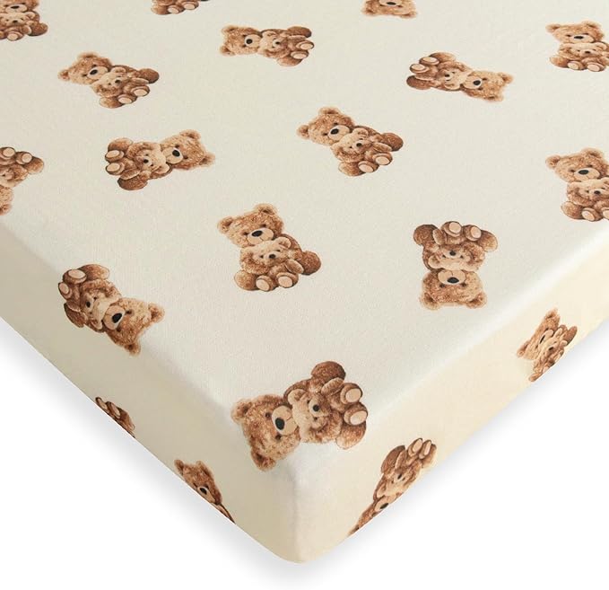 LifeTree Crib Sheets for Baby Unisex - Muslin Fitted Crib Sheets Toddler Bed Sheet, 70% Viscose from Bamboo and 30% Cotton, Fits Mini Crib & Pack and Play Playard, Bear, 26in x 38in