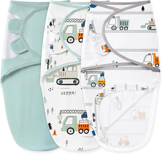 Baby Swaddles for Newborns with Zipper, 100% Cotton Newborn Swaddle Sack, 3 Pack Baby Swaddles 0-3 Months Swaddle Sleep Sack for Newborn Baby Boy Girl Green Excavator