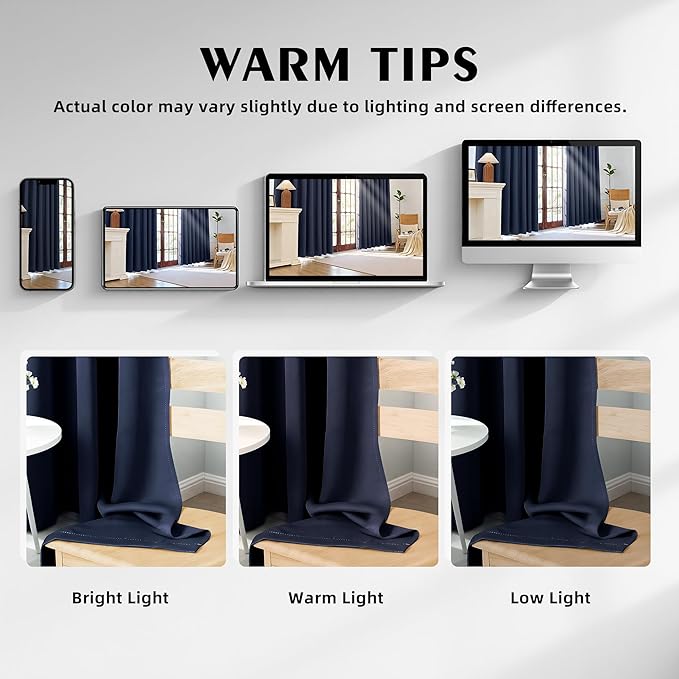 100% Blackout Curtains 54 Inch Length for Bedroom Living Room, Grommet Thermal Insulated Room Darkening Drapes, Light Blocking Window Treatment Decor, 2 Panels, 37x54, Navy Blue