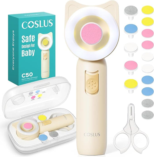 COSLUS Baby Nail File, Baby Nail Trimmer Electric, Baby Nail Clipper - Gentle, Quiet with 360° Light, Safe for Sleep Time Grinding, 16-in-1 Kit for Newborn, Infant & Toddler (C50, Lemon Yellow)