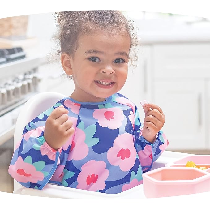 Tiny Twinkle Long Sleeve Bib for Babies & Toddlers | Waterproof Smock Bib for Eating | Machine Washable & Mess-Proof Feeding Essentials | Newborn Shower Gift (Floral Blue, 2-4Y)