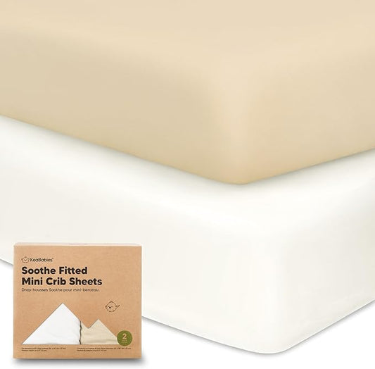 2-Pack Mini Crib Sheets Fitted - 38x26 Pack N Play Sheets for Pack and Play Mattress, Organic Cotton, Soft & Breathable Playard Bedding, Neutral Mini Toddler Bed Cover for Boys, Girls (Khaki)
