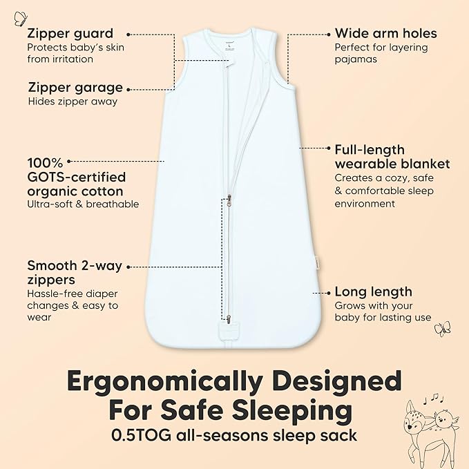 2-Pack Baby Sleep Sacks, Zipper Wearable Blanket - 0.5TOG Organic Cotton, Lightweight, Soft Cozy Infant Sleeping Sack 3-6 months, Easy to Wear Small Newborn Transition Swaddles Sleepsacks (Glacier)