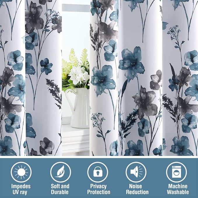 H.VERSAILTEX 100% Blackout Curtains 96 inch Length 2 Panels Set Cattleya Floral Printed Drapes Leah Floral Thermal Curtains for Bedroom with Black Liner Sound Proof Curtains, Grey and Blue