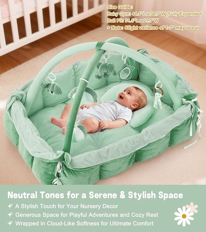 5-in-1 Baby Play Gym and Tummy Time Mat, Tummy Time Pillow & 12 Learning Cards, Plush Activity Mat with 6 Toys, Baby Gym, Convertible to Ball Pit, Baby Gift, Sage Green