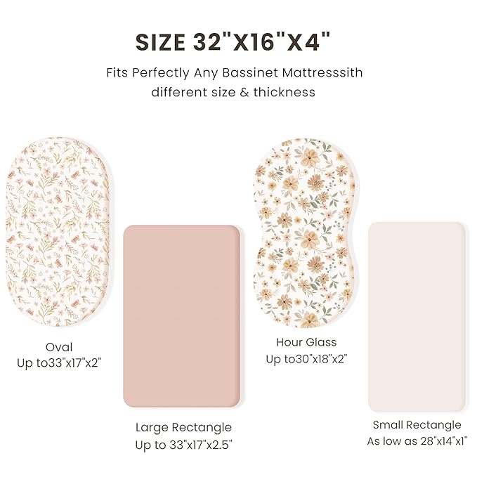 Konssy 3 Pack Stretchy Bassinet Sheets for Baby Girl Boy, Soft Breathable Baby Bassinet Mattress Sheets Fit for Hourglass Oval Cradle, Moses Basket Rectangle Mattress (Flourish)