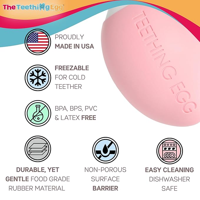 The Teething Egg Baby Teether – Freezable Teething Toy for Babies 3–6 Months up to 18 Months – Made in USA, Food-Grade TPE, Pink